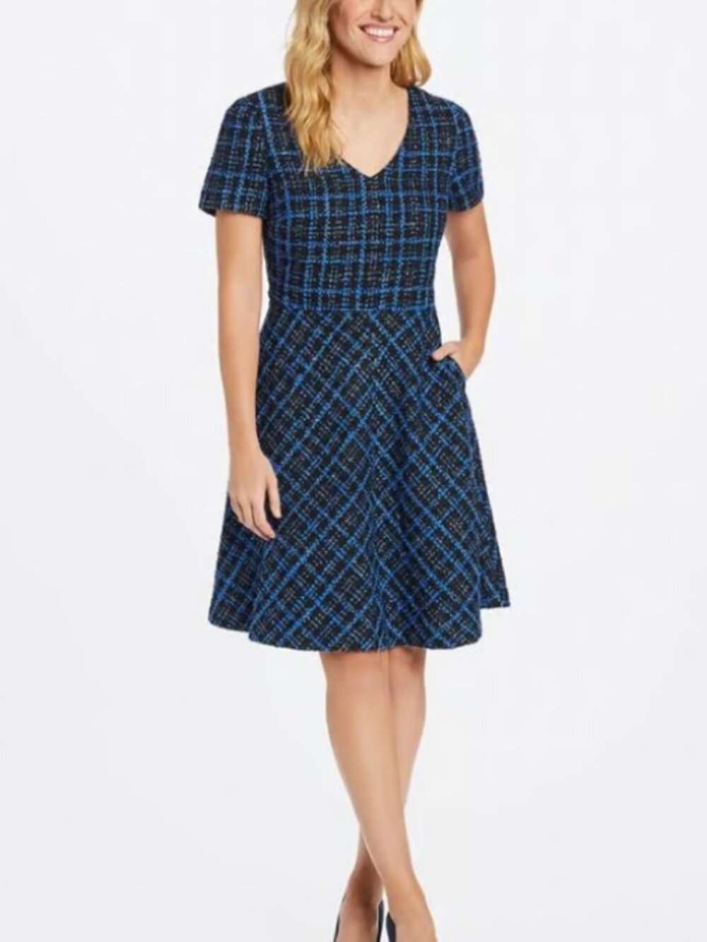 Draper James Black and Blue Tweed Fit-and-Flare Mini Dress, Sz 8